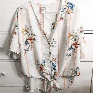 Striped floral front tie blouse